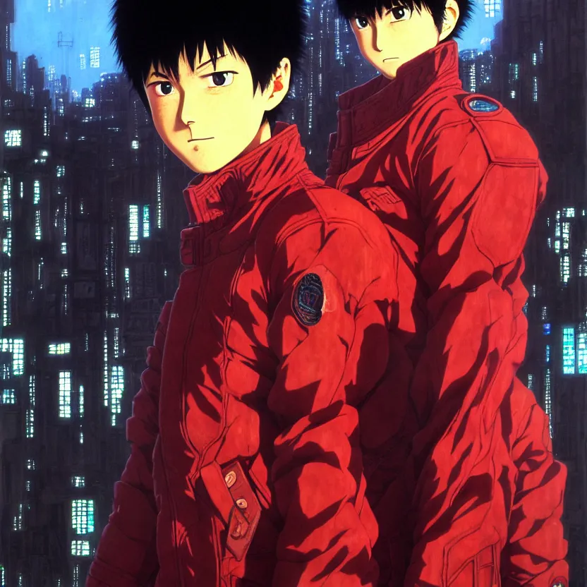 Prompt: portrait of kaneda with jacket from akira | anime, matte painting, perfect detailed face anime art, dystopian megacity neo - tokyo akira, shaded perfect, fine details. realistic shaded lighting anime manga artwork by katsuhiro otomo, akira, artgerm, jeremy lipkin and michael garmash and rob rey