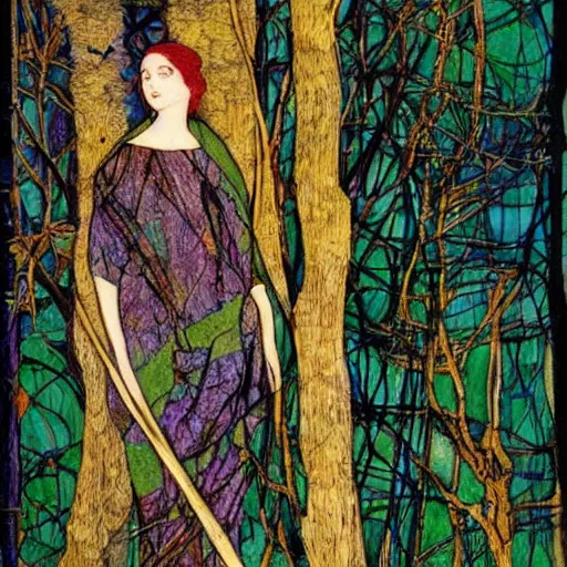 Image similar to a painting of a woman in a forest, a silk screen by harry clarke, deviantart, arts and crafts movement, pre - raphaelite, mixed media, creative commons attribution