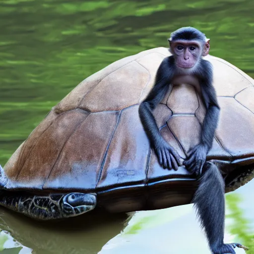 Image similar to a monkey sitting on the back of a turtle