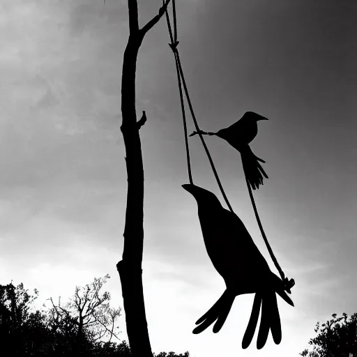 Prompt: a man is hanging on a rope on a tree, gloomy style, two crows are flying, black and white photography, creepy, stylization of a picture illustration from a book