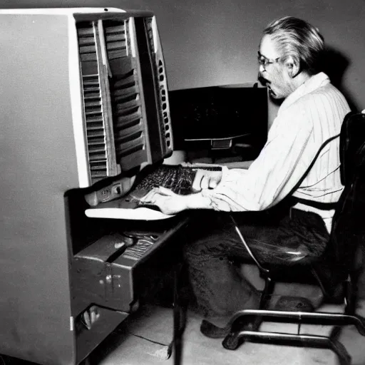 Prompt: a man watching the end of the world on a vintage computer