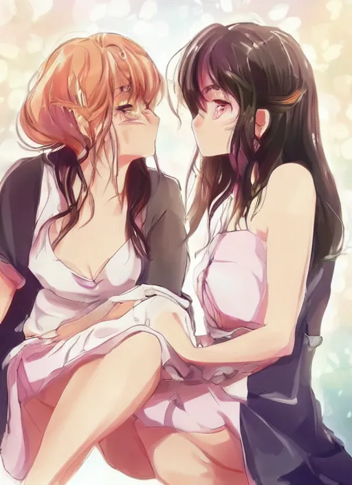 Image similar to two beautiful mothers sitting across from each other, summer clothes, gorgeous faces, thick lines, cinematic lighting, detailed anime art