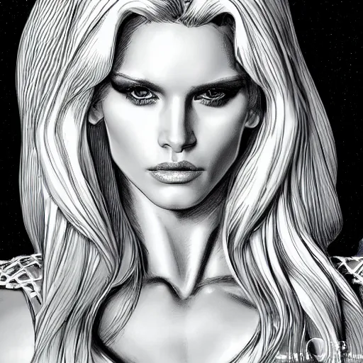 Image similar to abbey lee kershaw as emma frost, symmetrical facial features, 8 k intricate detail, golden ratio, in the style of alan davis, arnold rendering,