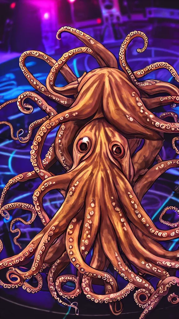 Prompt: award winning closeup portrait of an octopus! as a dj with tentacles! simultaneously placed turntables cdjs and knobs of a pioneer dj mixer. in front of a large crowd, studio, medium format, concept art, 8 k detail, volumetric lighting, wide angle, at an outdoor psytrance festival main stage at night