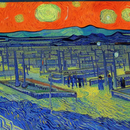 Image similar to a painting of a martian colony by vincent van gogh, featured on pixiv, futurism, sci - fi, post - impressionism, impressionism, painterly, detailed painting