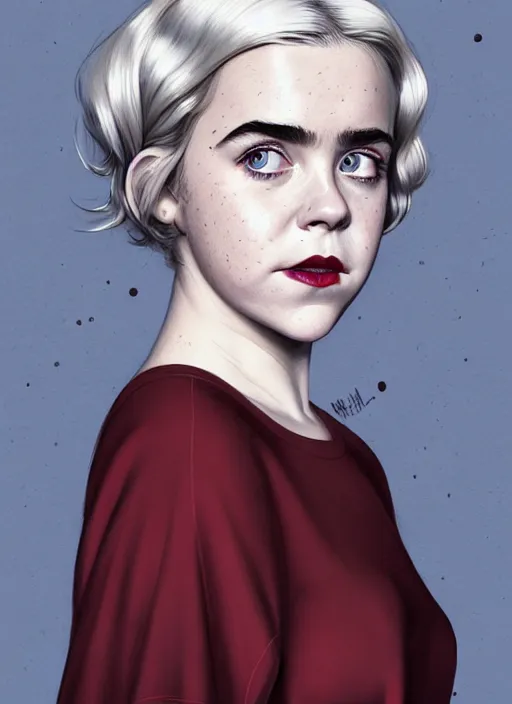 Image similar to full body portrait, kiernan shipka as sabrina spellman, white hair, obese, bangs, sultry, realistic, sultry smirk, fluffy bangs, freckles, fat, belly, intricate, elegant, highly detailed, digital painting, artstation, concept art, smooth, sharp focus, illustration, art by wlop, mars ravelo and greg rutkowski