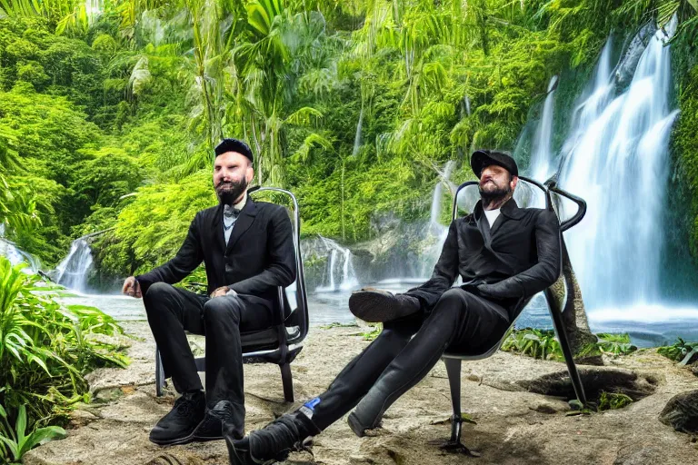 Image similar to young man with a grey beard in a cyberpunk suit sitting on a futuristic chair at the edge of a jungle waterfall