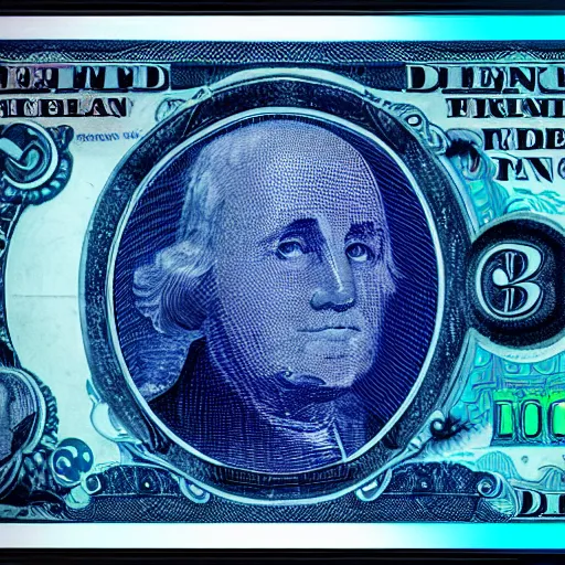 Prompt: a futuristic glowing blue banknote of currency with an alien symbol on the front