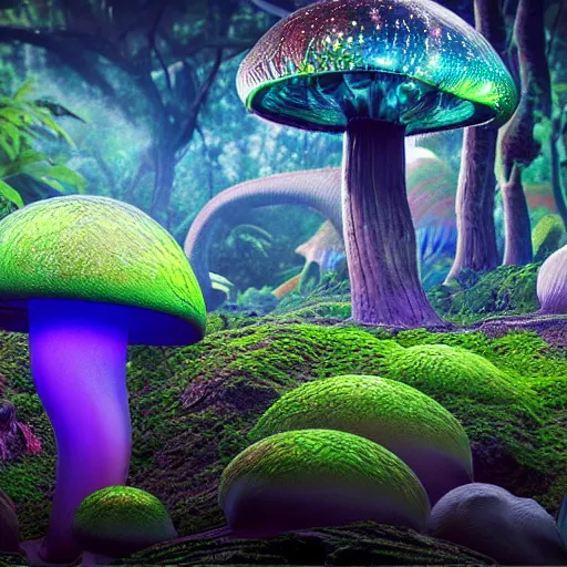 Prompt: liquid dragon in a bright glowing mushroom forest uhd ultra realistic ray traced 4 k highly detailed sharp lines