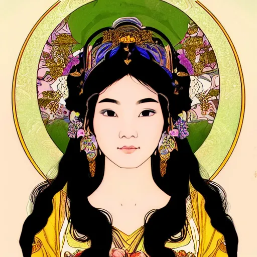 Image similar to a portrait of a very beautiful Asian goddess with halo behind her head, in the style of WLOP and Alphonse Mucha and Ross Tran, facing the camera, dramatic lighting