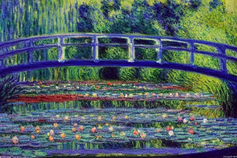 Prompt: A impressionism oil painting of water lilies pond at dusk, by Claude Monet