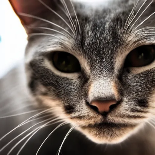 Prompt: a close up shot of a cat sitting upright with a blank stare staring at the camera