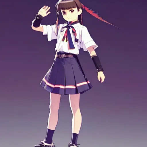 Image similar to a beautiful! boyish! natalie portman model, wearing catholic school girl outfit with mayan pattern and native style, aztec street fashion, guilty gear art direction, gapmoe yandere grimdark, trending on pixiv fanbox, painted by greg rutkowski makoto shinkai takashi takeuchi studio ghibli, akihiko yoshida