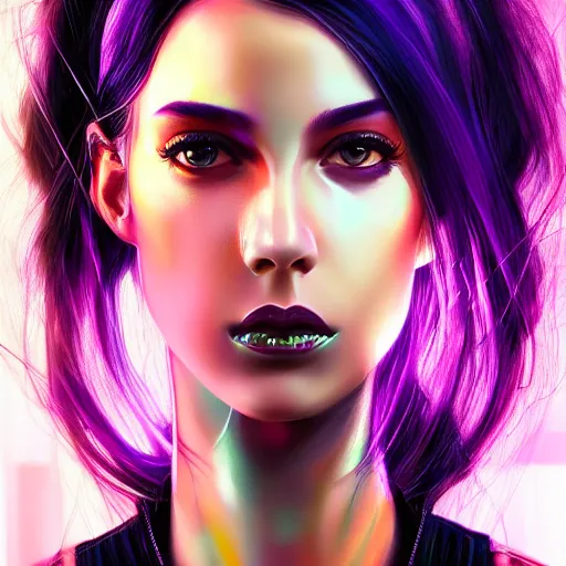 Image similar to a hyperrealistic painting of a beautiful girl, cyberpunk, highly detailed, sharp focus, synthwave