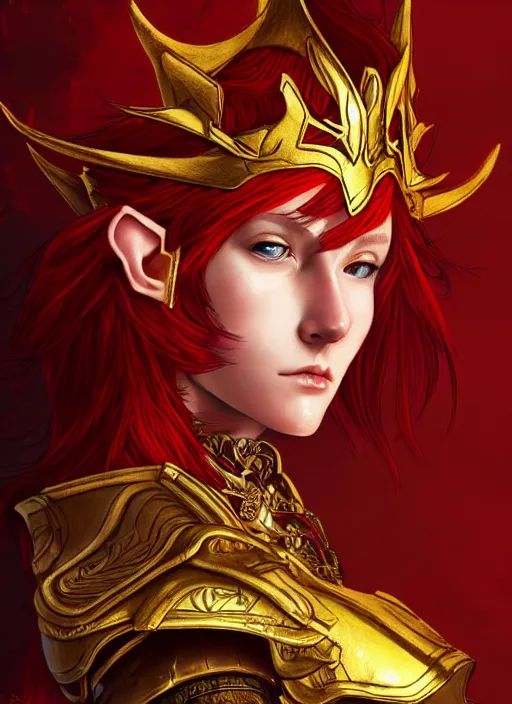 Image similar to Half body portrait of a handsome young red haired elven princess warrior wearing red and gold ornate leather armour and golden tiara. In style of Yoji Shinkawa and Hyung-tae Kim, trending on ArtStation, dark fantasy, great composition, concept art, highly detailed.