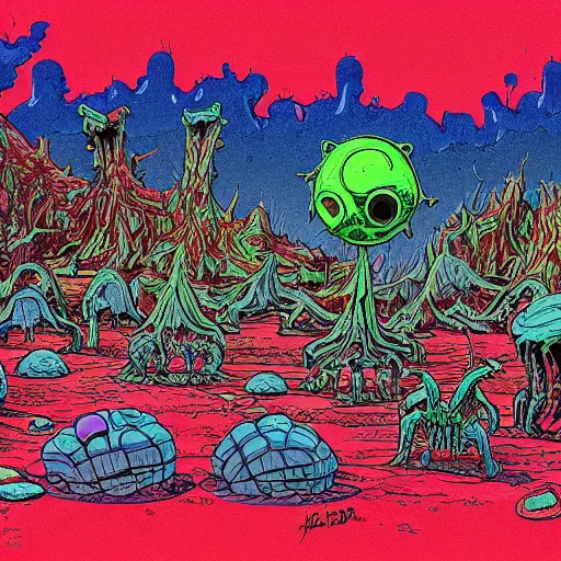 Prompt: extraterrestrial tribe village on ancient post - apocalyptic planet, jim henson creature shop, fantastic planet, robert crumb, graphic, depth of color and shadow, gooey, textured, vivid, cinematic, rough paper, illustration