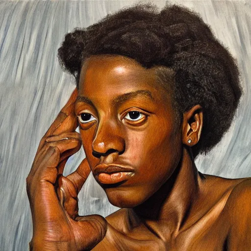 Prompt: high quality high detail painting by lucian freud, hd, portrait of a black girl, photorealistic lighting