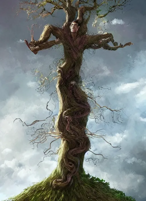 Image similar to a tree in the shape of a man’s face, his dreaded hair is the limbs and roots, epic painting, artstationHD