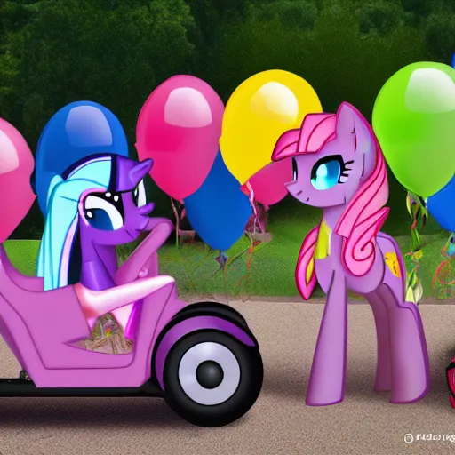 Image similar to (my little pony) giving rides to children at a birthday party in the city park. balloons, cake, presents, crazy, road trip, havoc, 8K, 4K, digital art