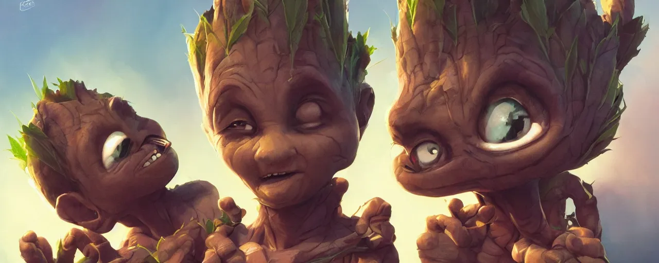 Image similar to portrait cute baby cannabis, marijuana, baby groot, realistic shaded perfect face, cinematic volumentric lighting, jim cheung, david marquez, mike deodato jr, ilya kuvshinov, makoto shinka, behance hd by jesper ejsing, by rhads, hyper detailed, octane render, concept art, artstation