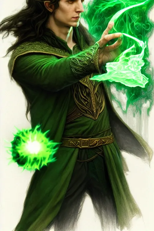 Prompt: a male elvish sorcerer casting a green fireball | | pencil sketch, realistic shaded, fine details, realistic shaded lighting poster by greg rutkowski, magali villeneuve, artgerm, jeremy lipkin and michael garmash and rob rey