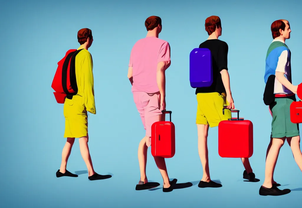 Image similar to full body portrait of a duo of young english tourists travel apparel, various poses walking and carrying luggage, geometric character designs painting, in the style of wes anderson, rene magritte, lola dupre, david hockney, isolated on white background, dark monochrome neon spraypaint accents octane render