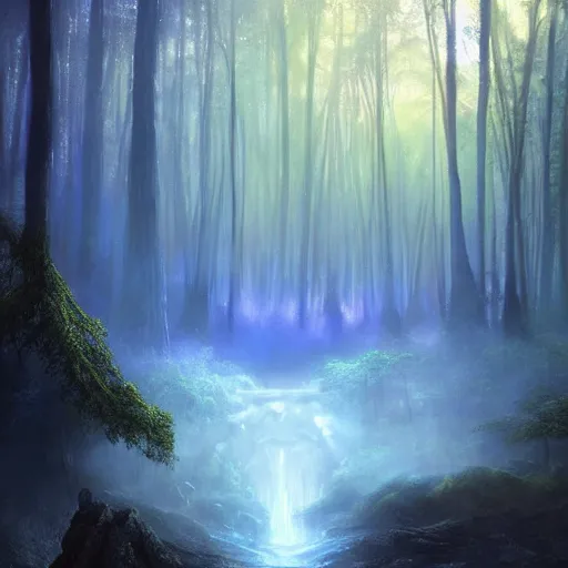 Image similar to a beutiful magical forest with a blue power source with runes on the side and a magical river by the side foggy realistic atmosferic casper david friedrich raphael lacoste vladimir kush leis royo volumetric light effect broad light oil painting painting fantasy art style sci - fi art style realism artwork unreal engine