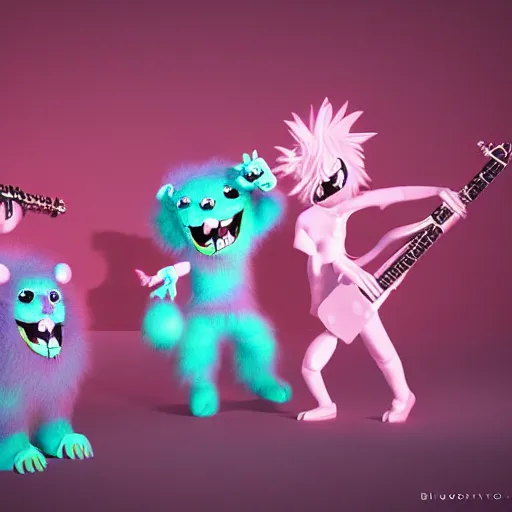 Image similar to misbehaving soft fuzzy monster musicians, in the style of billelis and james jean and pedro conti and stanley kubrick, inspired by die antwoord, kawaii colors, photorealistic, epic, super technical, 3 d render