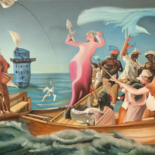 Image similar to prize winning oil painting of two famous writers fighting in a tower while calypso singers laugh at them and fishermen hold flowers between the windows of the sea where lovely mermaids flow, in style of neo rauch