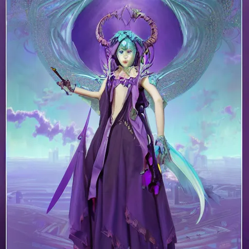 Image similar to an extremely detailed matte painting hatsune miku as a demon queen in a resplendant and beautiful purple dress as a masquerade ball, epic fantasy, viewed in profile from far away, sharp focus, detailed face, art by greg rutkowski and alphonse mucha, volumetric lighting, 4 k resolution, artstation