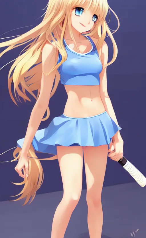 Image similar to a very beautiful young anime tennis girl, full body, long wavy blond hair, sky blue eyes, ( ( ( full round face ) ) ), short smile, bikini, miniskirt, front view, mid - shot, highly detailed, cinematic wallpaper by stanley artgerm lau