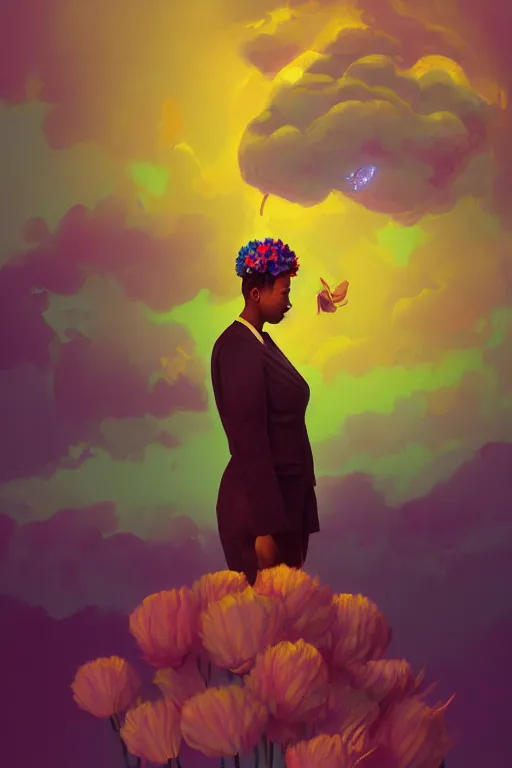 Prompt: portrait, giant flower as head, black woman in suit, surreal photography, golden hour, colorful clouds, impressionist painting, digital painting, artstation, simon stalenhag