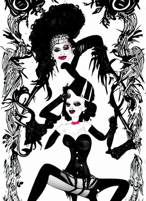 Prompt: goth girl burlesque psychobilly punk with a black background, drawing, illustration