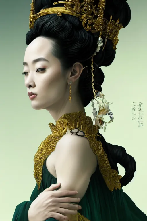 Image similar to a beautiful empress portrait, with a brilliant, impossible striking big hairstyle black hair, clothes white robes, everything hair, symmetrical, dramatic studio lighting, rococo, baroque, greens, asian, hyperrealism, closeup, D&D, fantasy, intricate, elegant, highly detailed, digital painting, artstation, octane render, 8k, concept art, matte, sharp focus, illustration, art by Artgerm and Greg Rutkowski and Alphonse Mucha