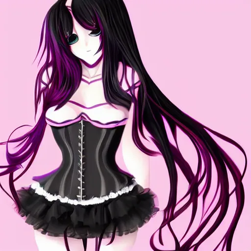 Prompt: a beautiful anime woman with long black hair, wearing a black corset top and a purple tutu, digital art, fantasy art