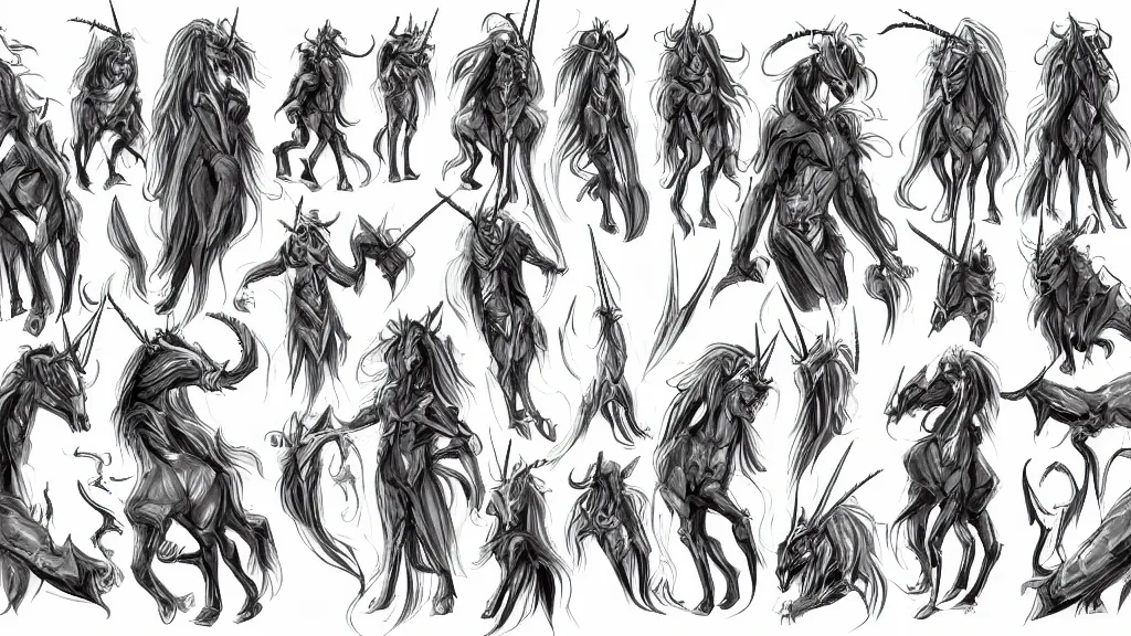 Prompt: a demonic unicorn character design sheet, trending on artstation