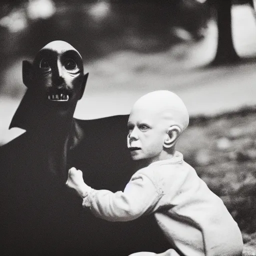 Image similar to portrait of nosferatu playing with his kid, realistic detailed photography, kodak 5 2 1 9 film, 5 0 mm lens