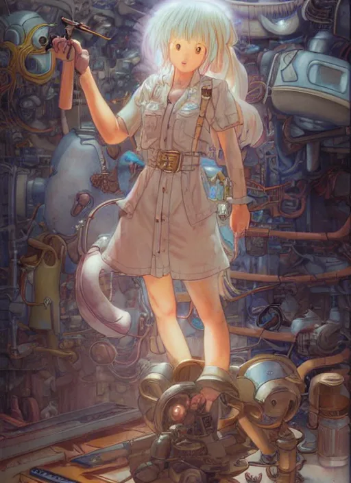 Image similar to prompt : ragnarok online portrait soft light painted by james jean and katsuhiro otomo and erik jones, inspired by akira anime, epic fantasy, a young tinker girl working on a device in her workshop, workshop in the background, intricate oil painting, high detail illustration, sharp high detail, manga and anime 1 9 9 9