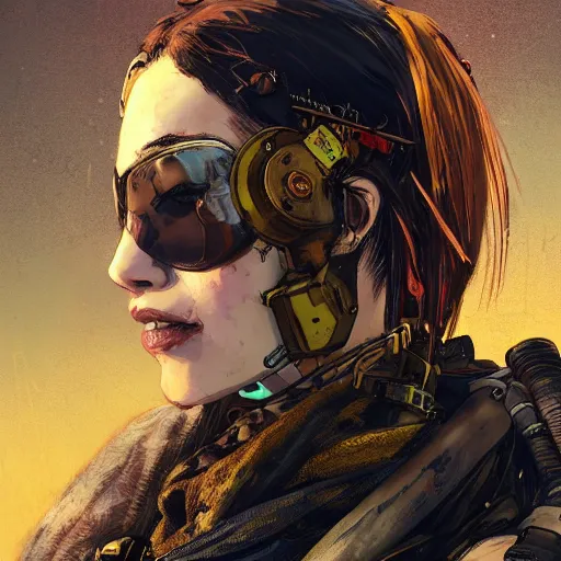 Image similar to highly detailed portrait of a post-cyberpunk young lady by Akihiko Yoshida, Greg Tocchini, 4k resolution, mad max inspired, yellow, black, brown and cyan color scheme