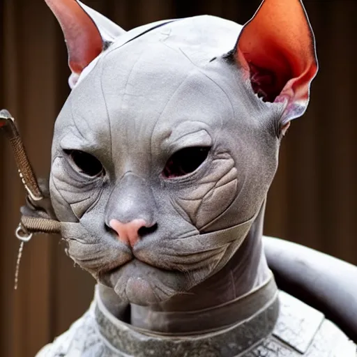 Image similar to samurai armor worn by hairless sphynx cat