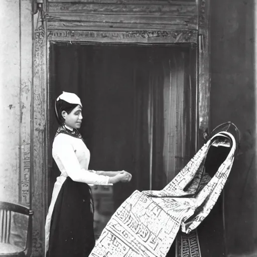 Image similar to elite egyptian woman at a french tailor in cairo, vintage photo, soft lighting, 1 8 9 0