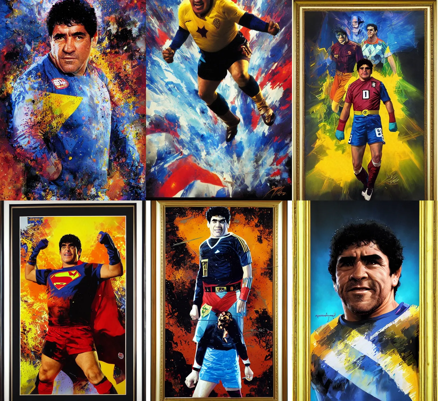 Prompt: Portrait of maradona as a super hero by Craig mullins and Jason edmiston, golden barroque framed