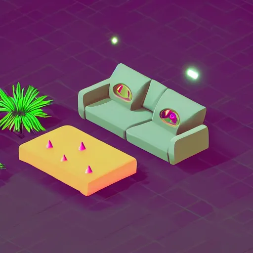 Prompt: isometric sofa with alien bioluminescent aesthetic full of plants and glowy crystals, asset for a mobile game. full black background