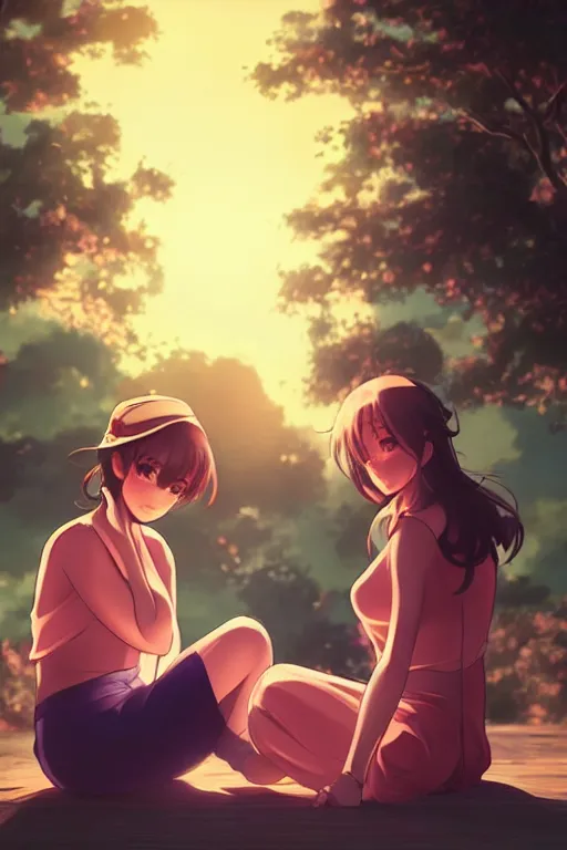 Image similar to two beautiful mothers sitting on a hot summer evening, gorgeous faces, thick lines, cinematic lighting, detailed anime art