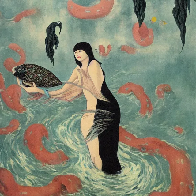 Image similar to tall emo female artist holding a large fish in her flooded apartment, seaweed, pomegranates, octopus, water gushing from ceiling, painting of flood inside an artist's apartment, a river flooding indoors, ikebana, zen, rapids, waterfall, black swans, canoe, berries, acrylic on canvas, surrealist, by magritte and monet