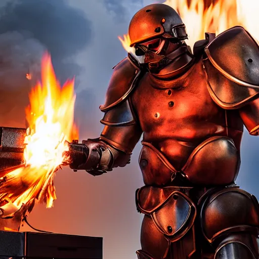 Image similar to angry man in juggernaut armor burning a desktop tower pc with a military flamethrower