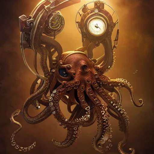 Prompt: underwater steampunk pirate octopus, hyper detailed, digital art, trending in artstation, cinematic lighting, studio quality, smooth render, unreal engine 5 rendered, octane rendered, art style by klimt and nixeu and ian sprigger and wlop and krenz cushart.