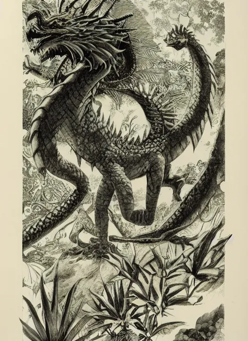 Image similar to game of thrones dragon in a tropical forest, john james audubon, ernst haeckel, intaglio, sharp focus