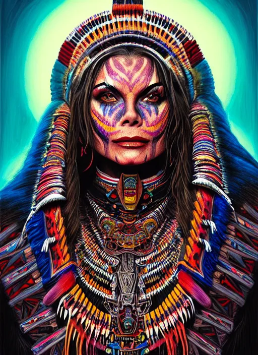 Image similar to portrait of michelle pfeiffer, hyper detailed ultra sharp aztec shaman warrior. trending on artstation, warpaint aesthetic, bloodwave, colorful, psychedelic, ornate, intricate, digital painting, concept art, smooth, sharp focus, illustration, art by artgerm and greg rutkowski and h. r. giger, 8 k