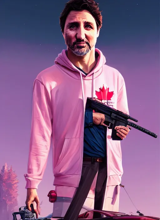 Prompt: highly detailed portrait justin trudeau in pink hoody holding ar - 1 5! in gta v stephen bliss unreal engine fantasy art by greg rutkowski loish rhads ferdinand knab makoto shinkai lois van baarle ilya kuvshinov rossdraws tom bagshaw global illumination radiant light detailed intricate environment